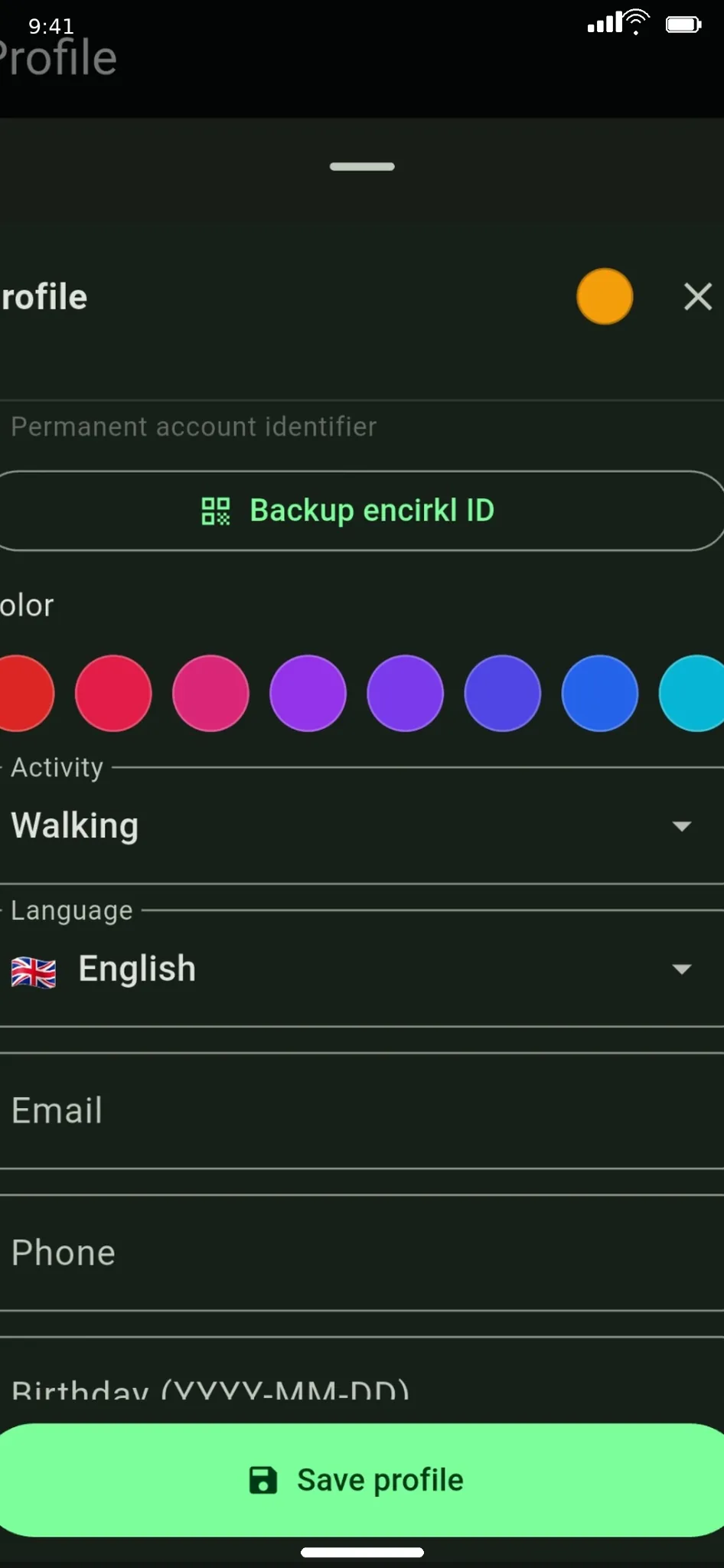 encirkl profile and ID backup settings